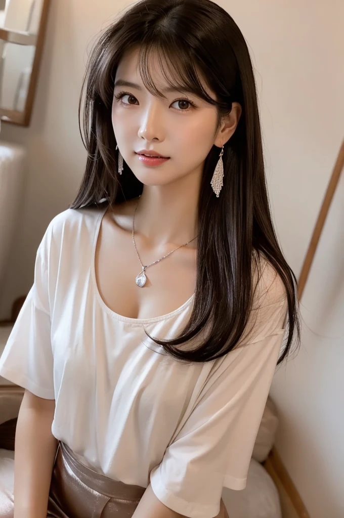 ((white t-shirt)), ((black cotton pants)), massage parlor, ((full body)), ((photo)), ((best qualtiy, 8K, tmasterpiece:1.3)), Focus:1.2, perfect figure beautiful girl:1.4, 1girl, cowboy shot, look at viewer, incredibly absurd, beautiful and cute girl with a photorealistic face, showcasing top-quality craftsmanship, Japanese woman working at a massage parlor, 20 years old, straight black hair down to the jaw line, silky and straight hair, fair and clear skin, small face, straight nose, large round brown eyes, long eyelashes, plump cherry-colored lips, well-defined eyebrows, clean-cut face, long neck, beautiful décolleté line, , delicate, slender, beautiful C-cup breasts, silver necklace, small earrings, pretty older woman, beautiful, neat, soothing, devilish type, calm demeanor, soft-spoken, curious, likes alcohol, likes to try new things, mature, June
