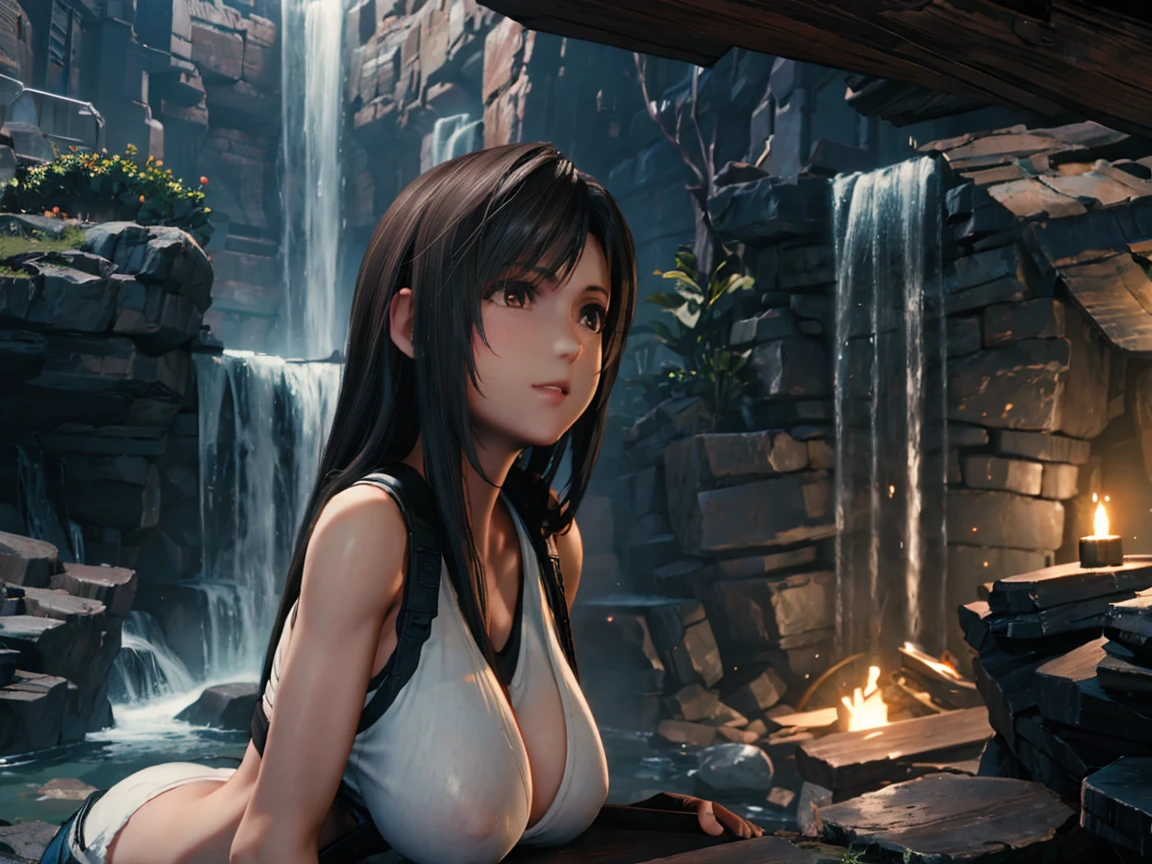 Tifa half naked in a waterfall, whole body, pose sensual, round ass, big breasts and light brown eyes. 8k, Best Quality, masterpiece 1.2