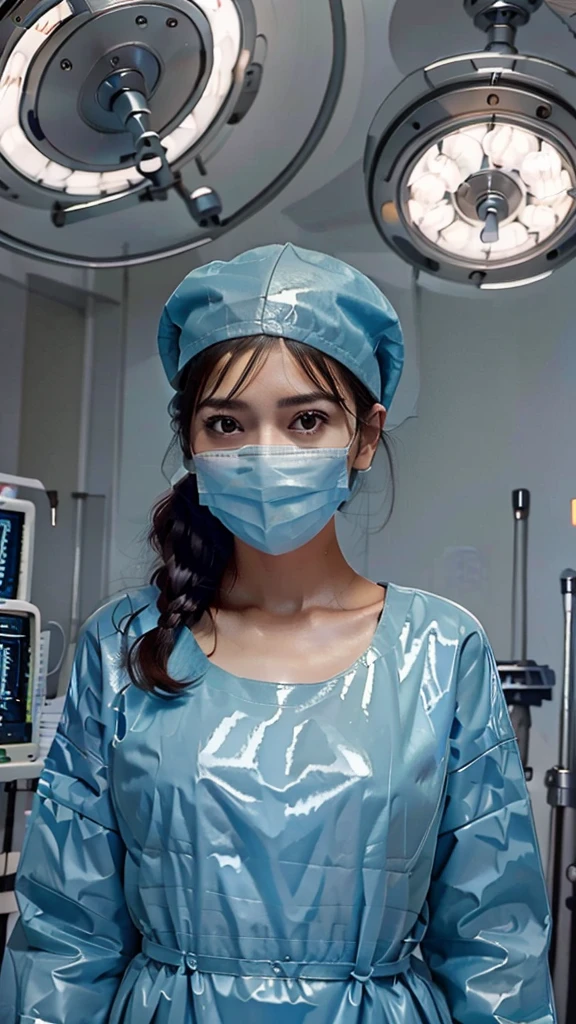 ((masterpiece, best quality, high quality)),1girl, (hospital), infirmary, (surgical_uniform, mask, long sleeves, surgical mask,long dress, latex gloves,surgical cap),