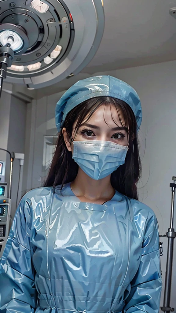 ((masterpiece, best quality, high quality)),1girl, (hospital), infirmary, (surgical_uniform, mask, long sleeves, surgical mask,long dress, latex gloves,surgical cap),