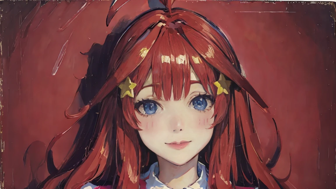 ((best quality)), ((masterpiece)), (detailed), perfect face, 1girl, nakano itsuki, smiling, whimsical, triad color pallette, hugging knees, looking at viewer, pink water droplets, smiling, flat colouring, full body, blank space on the left, fluffy red hair, star hairclips