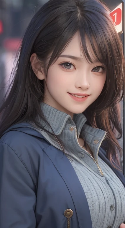 (UHigh resolution, retina, masterpiece, Accurate, Anatomically correct, Textured skin, Super detailed, Attention to detail, high quality, 最high quality, High resolution, 1080P, High resolution, 4K, 8K, 16K), (美しいAttention to detail目, Beautiful lip detail, Highly detailed eyes and face), Studio Lighting, Physically Based Rendering, Vibrant colors, (Large Breasts, Glamorous Body), (Royal Blue Color, navy uniform coat, class seal:1.5), (hunting:1.2), Business shirts, gloves, (Portraiture, Shiny Hair, Shiny skin, blush, Hair blowing in the wind), (Sun setting on the horizon, Bokeh), Eye Reflexes, Jet Black Hair, (Smile and laugh:1.5),