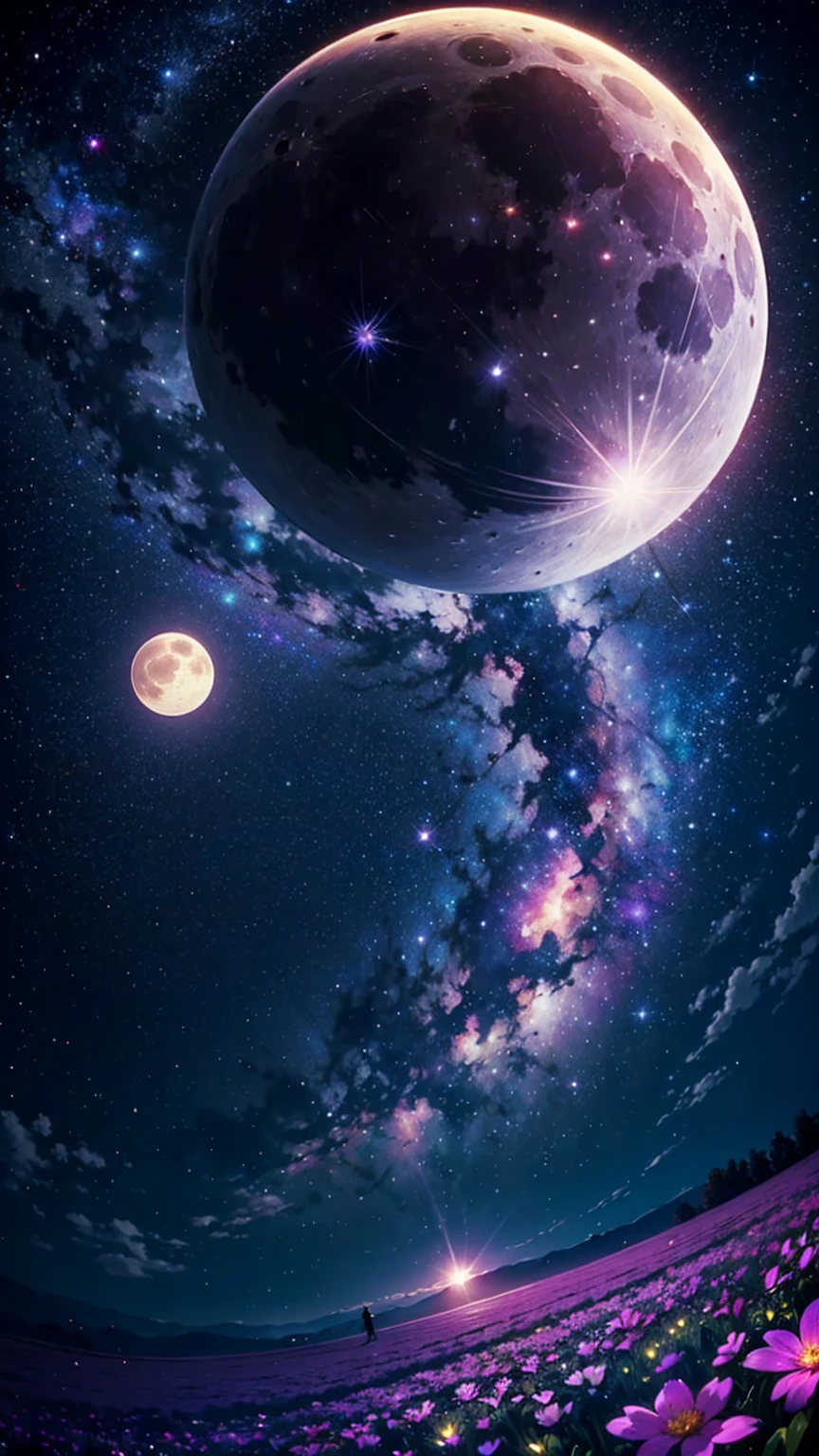 (masterpiece), Highest quality, beautiful flower field at night, nice sky with stars and constelations, Volume Cloud, Beautiful Clouds, (full moon), a Magic atmosphere, Dreamy image, Vast landscape photography, There are many different colored flowers blooming in the fields., Feeling calm and peaceful, Breeze, the scenary has a Magic glow, fire Fly, Beauty in the details, Natural beauty,astronomical photography, Nature Observation, Bright Moon,
break nebula, milk way, Space Sky, Starry Sky, Fisheye Lens, Dynamic Angle, (Dynamic configuration:1.4), Professional image,Production art, complicated, Fascinating, nice,Breathtaking,wonderful, Magic, Volumetric Light,  [purple]