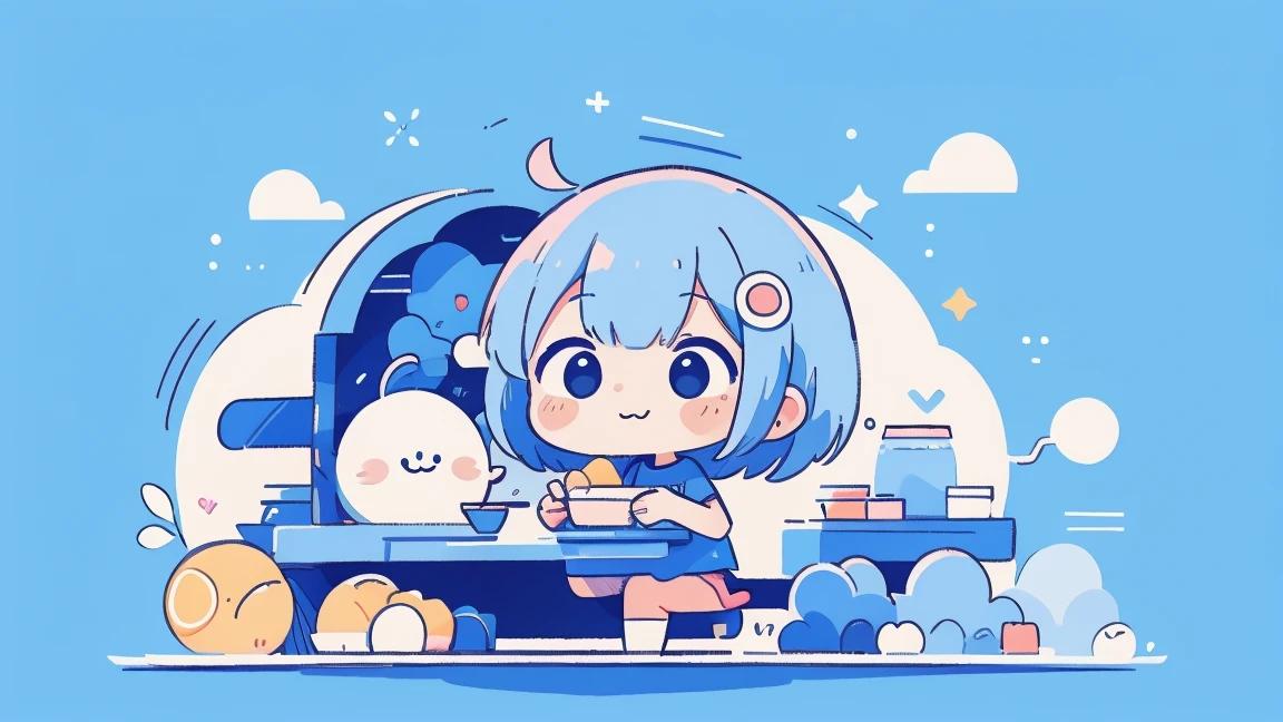 1 female, Light blue hair, short hair、Happy,cute, animation style, kawaii, clearly, colorful cyberpunk, bubblegum pop, cute、Pink and light blue as main colors、eating omelet rice、