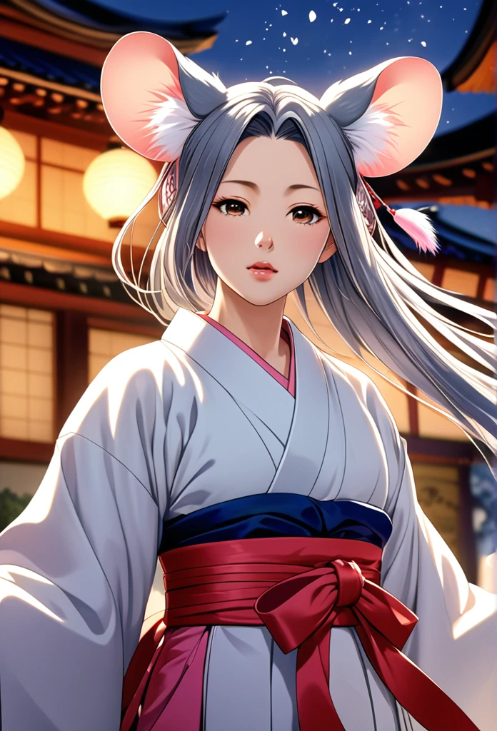 (Ah! My Goddess style:1.2) , Hallucination, daydream , nightmare , Insane Dream , bokeh , erotica , romance , realistic mouse nymph and realistic cat , Women's hakama from the Meiji period , Petals fluttering down , Single eyelids, round nose, swollen cheeks , glossy lips , Collarbone , Hair blowing in the wind , Meiji period