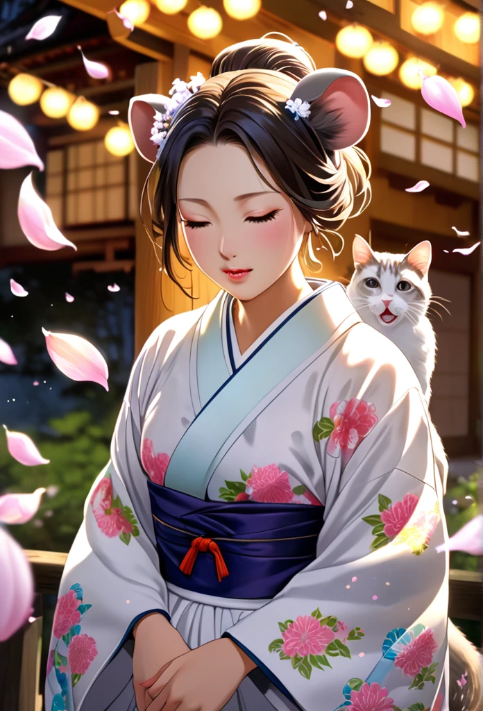 (Ah! My Goddess style:1.2) , Hallucination, daydream , nightmare , Insane Dream , bokeh , erotica , romance , realistic mouse nymph and realistic cat , Women's hakama from the Meiji period , Petals fluttering down , Single eyelids, round nose, swollen cheeks , glossy lips , Collarbone , Hair blowing in the wind , Meiji period