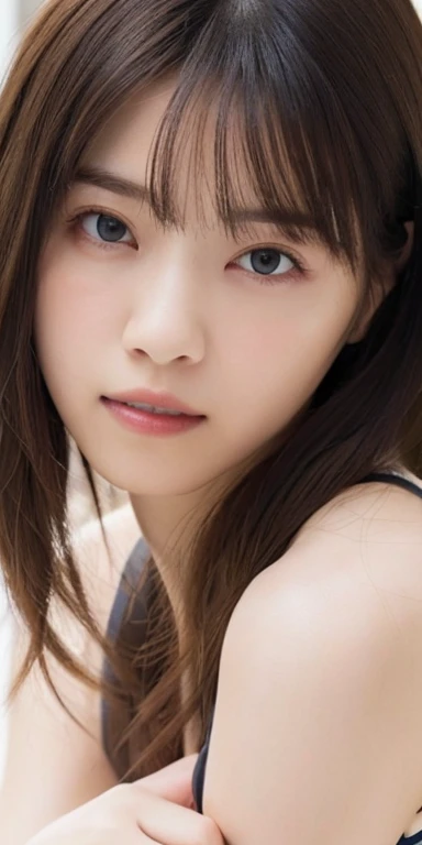 (masterpiece:1.3), Highest quality、Ultra-high resolution, Very detailed, Very detailed CG Unity 8k 壁紙, Realistic, photo-Realistic, RAW Photos, Beautifully detailed face, Pale skin, Realistic glistening skin, Detailed cloth texture, Detailed hair texture, Perfect body, Beautiful Face, Accurate, Anatomically correct, Highly detailed face そして skin texture, Natural neck length, (Fair skin:1.2), Good teeth alignment,
Symmetrical eyes, dolly make、double eyelid, Thin eyebrows, (Glossy Lips:1.4), (Sad face:1.2),
(classy and cute girl:1.3),
(Large Breasts:1.4), Cleavage, Beautiful clavicle,
(Wavy long hair:1.2), ((Asymmetrical bangs:1.2)), A tight greyish pale golden yellow camisole that hugs the breasts、Micro Mini、Voluptuous thighs、A photo showing you from head to knees、Focus on the thighs