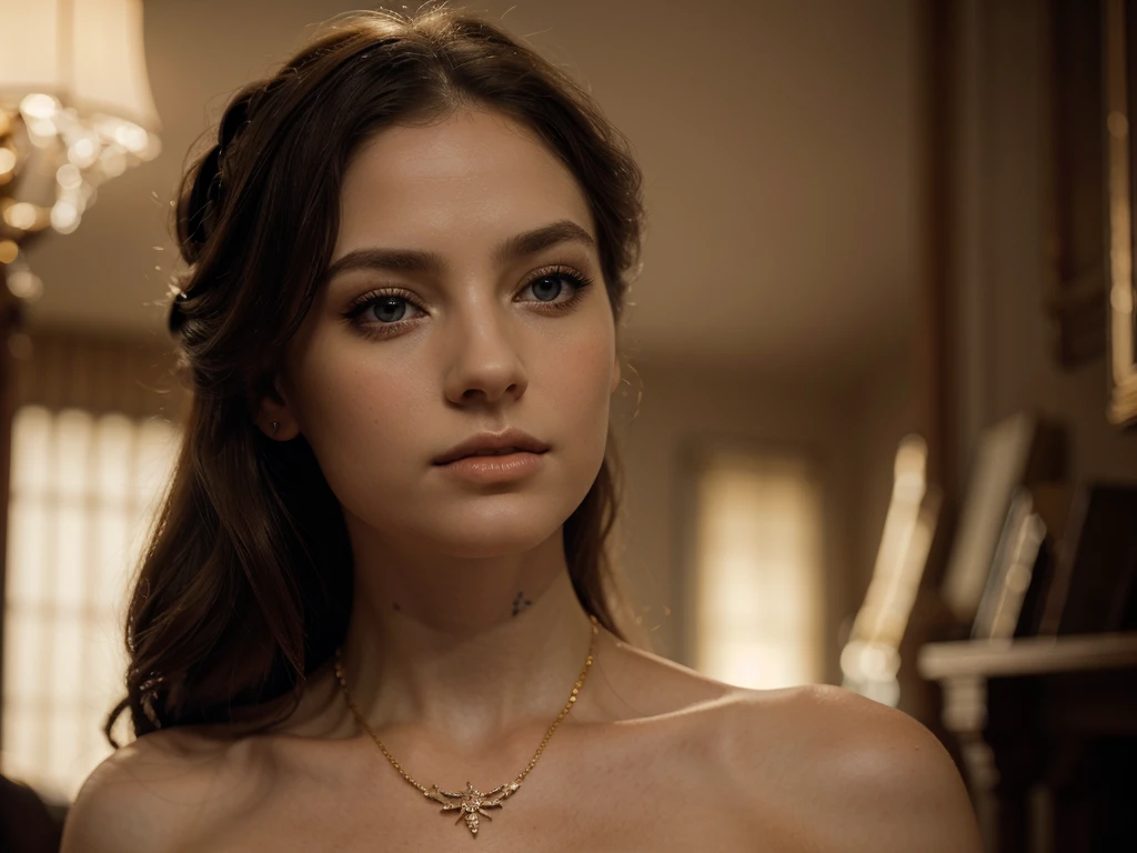 A chiaroscuro portrait of a woman, beautiful detailed eyes, beautiful detailed lips, extremely detailed eyes and face, long eyelashes, porcelain skin, elegant hairstyle, intricate jewelry, dramatic lighting, Renaissance style, dramatic shadows, warm golden tones, dramatic chiaroscuro lighting, ultra-detailed, 8k, photorealistic, masterpiece, cinematic, dramatic atmosphere, elegant and regal
