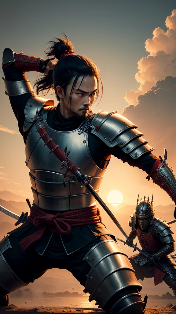 Best quality artwork Samurai with Japanese armor holding a well-detailed spear in a duel against samurai with katana. ao por do sol