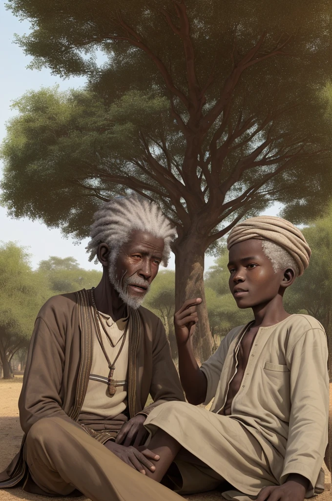 Create a highly detailed ultra realistic portrait image of a old African boy of around 80 years who is chatting under a tree with his young african boy of around 12 years
