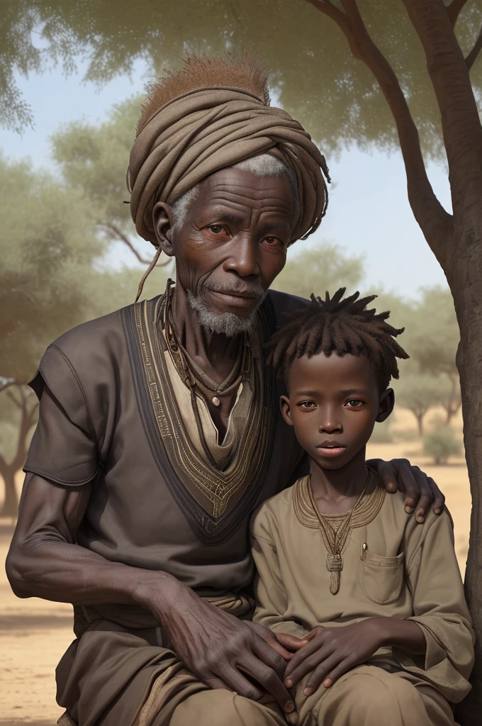 Create a highly detailed ultra realistic portrait image of a old African boy of around 80 years who is chatting under a tree with his young african boy of around  