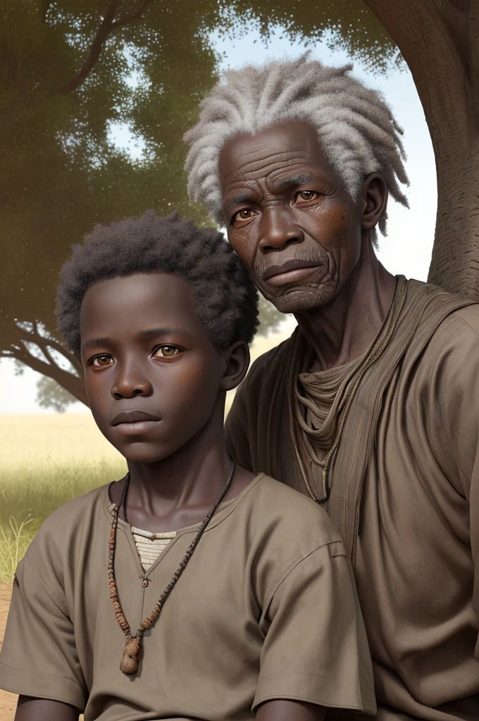 Create a highly detailed ultra realistic portrait image of a old African boy of around 80 years who is chatting under a tree with his young african boy of around 12 years