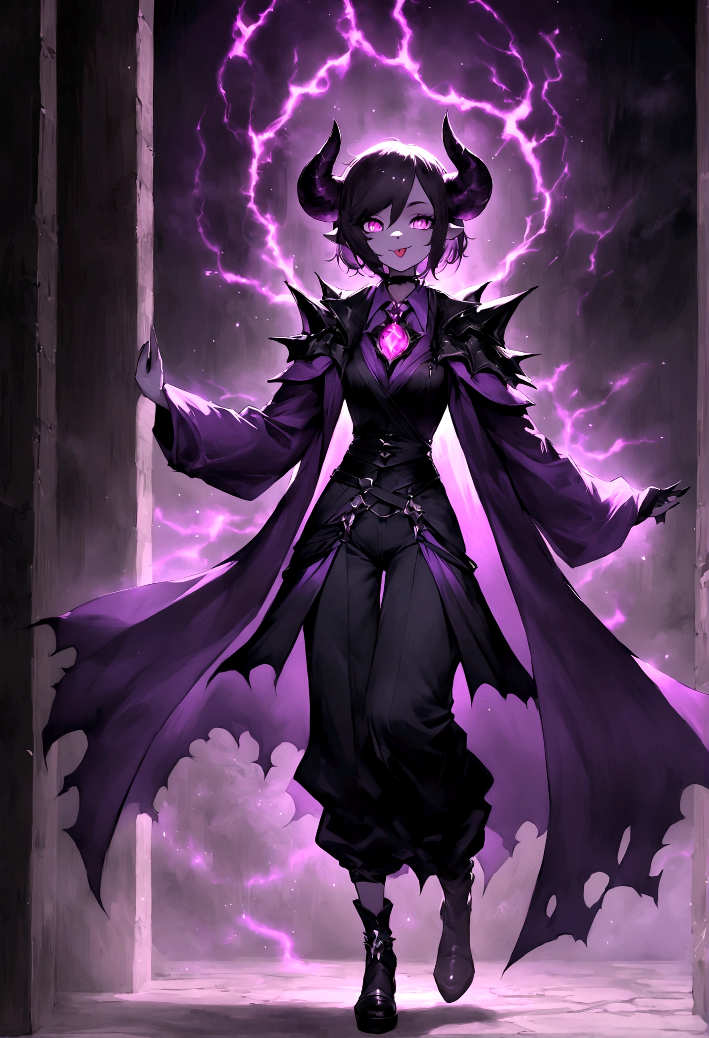 Generate an image of a demon girl that could be the cover or scenery image of a League of Legends skin. The girl must have short hair, dark colored, with a modern and somewhat messy style. Their skin should have a reddish or purple tone characteristic of demons., with bright eyes that emit an intense glow, one blue and one red. It should have small horns protruding from its head. The clothing should be a mix between light sorceress clothing and modern clothing., with details in black and purple tones, accented with shiny metal accents. at your side, there must be a pore, the adorable furry white animal characteristic of League of Legends, with his tongue out and a friendly expression. The background must show a dark and mystical setting, like a devastated land or a hellish kingdom, with dramatic lighting effects and an atmosphere charged with magical energy. The composition must be dynamic and striking, highlighting the powerful and mysterious personality of the character, as if she were ready to go into combat, showing superiority , She looks full body and on stage