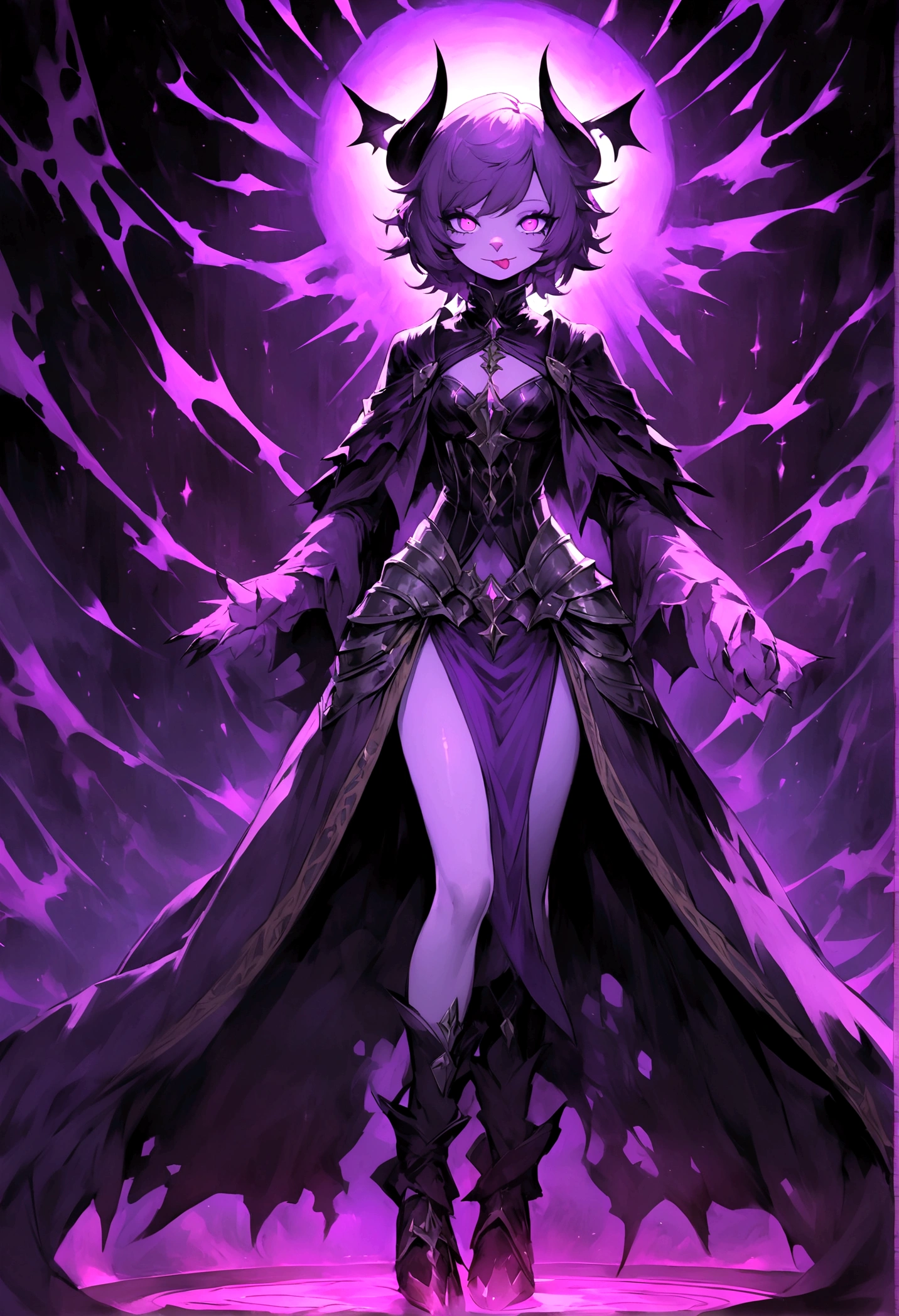 Generate an image of a demon girl that could be the cover or scenery image of a League of Legends skin. The girl must have short hair, dark colored, with a modern and somewhat messy style. Their skin should have a reddish or purple tone characteristic of demons., with bright eyes that emit an intense glow, one blue and one red. It should have small horns protruding from its head. The clothing should be a mix between light sorceress clothing and modern clothing., with details in black and purple tones, accented with shiny metal accents. at your side, there must be a pore, the adorable furry white animal characteristic of League of Legends, with his tongue out and a friendly expression. The background must show a dark and mystical setting, like a devastated land or a hellish kingdom, with dramatic lighting effects and an atmosphere charged with magical energy. The composition must be dynamic and striking, highlighting the powerful and mysterious personality of the character, as if she were ready to go into combat, showing superiority , She looks full body and on stage