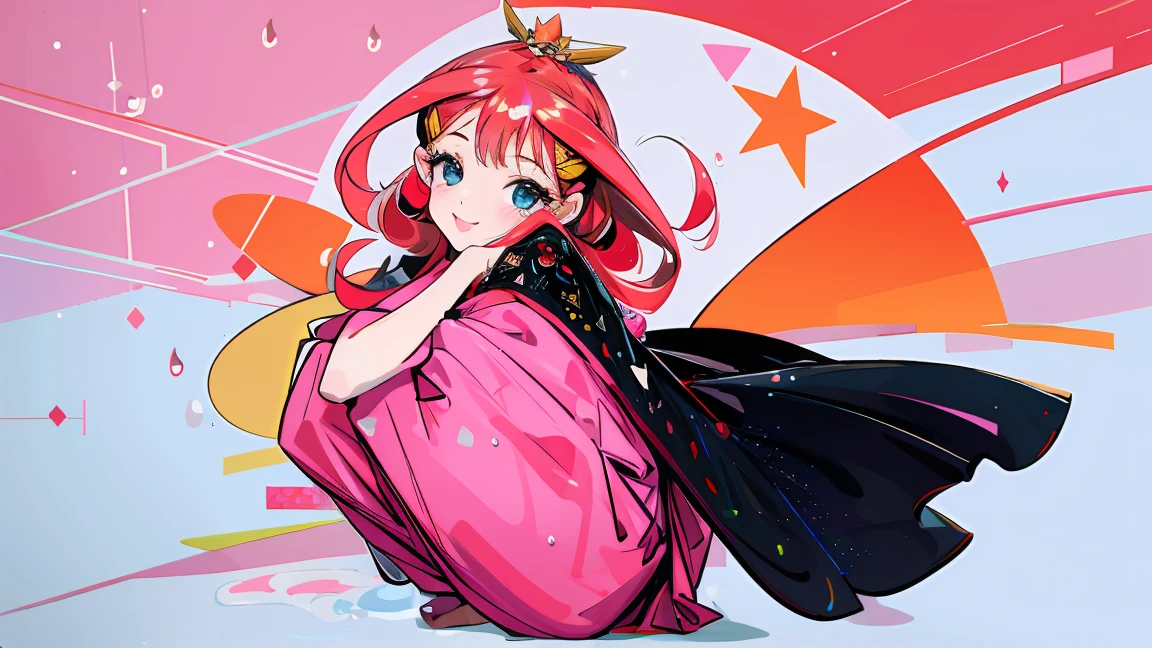 ((best quality)), ((masterpiece)), (detailed), perfect face, 1girl, nakano itsuki, smiling, whimsical, triad color pallette, hugging knees, looking at viewer, pink water droplets, smiling, flat colouring, full body, blank space on the left, fluffy red hair, star hairclips