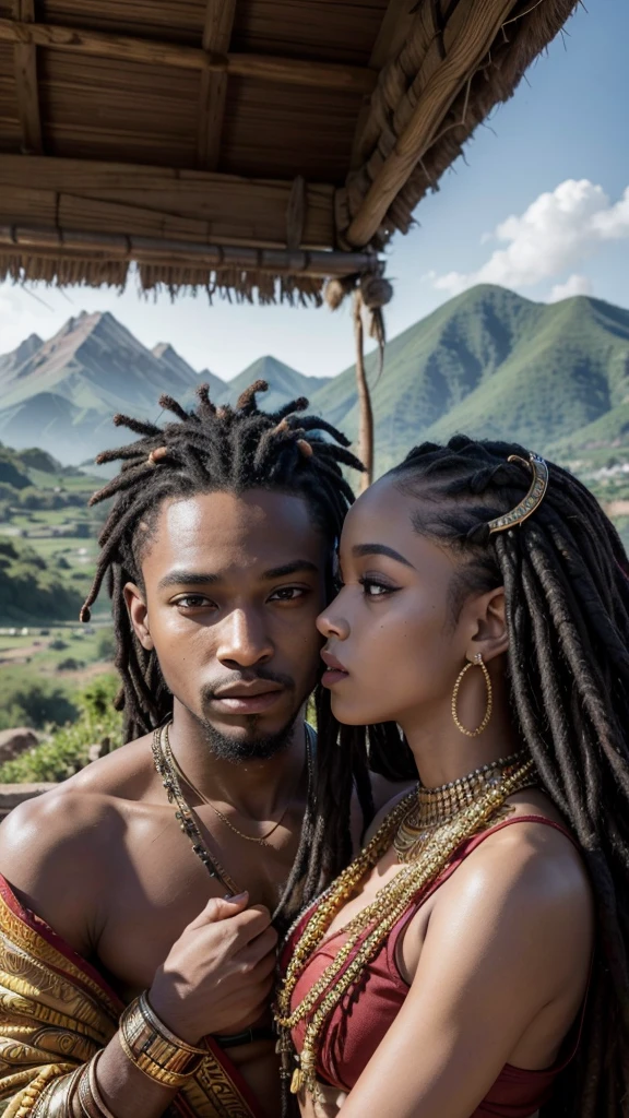 An African King of Dreads and a Bald African Queen, looking like gods, they look each other in love in the eyes, Behind there is a beautiful landscape with mountains