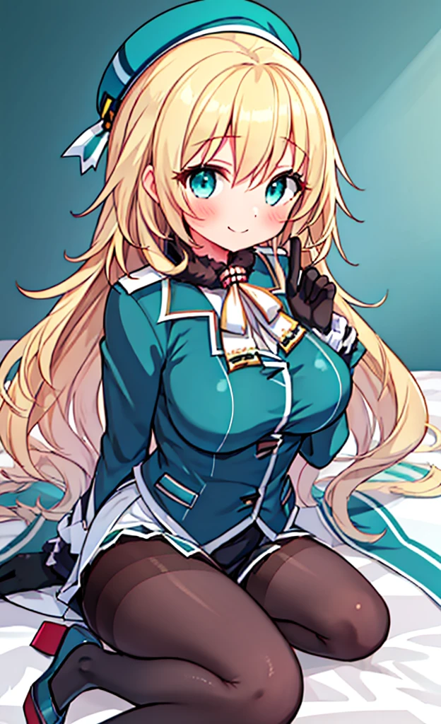 masterpiece,Highest quality,1 Girl,alone,blush with embarrassment,(boldline:1.6),(flat1:1.5), Atago, (Kantai Collection),(PORTRAIT:1.2),bionde_HAIR,LONG_HAIR,LARGE_BREASTS,HAT,SMILE,BERET,GREEN_eyes,blue_eyes,BLACK_GLOVES,BLACK INNER SKIRT,uniform,PANTYHOSE,