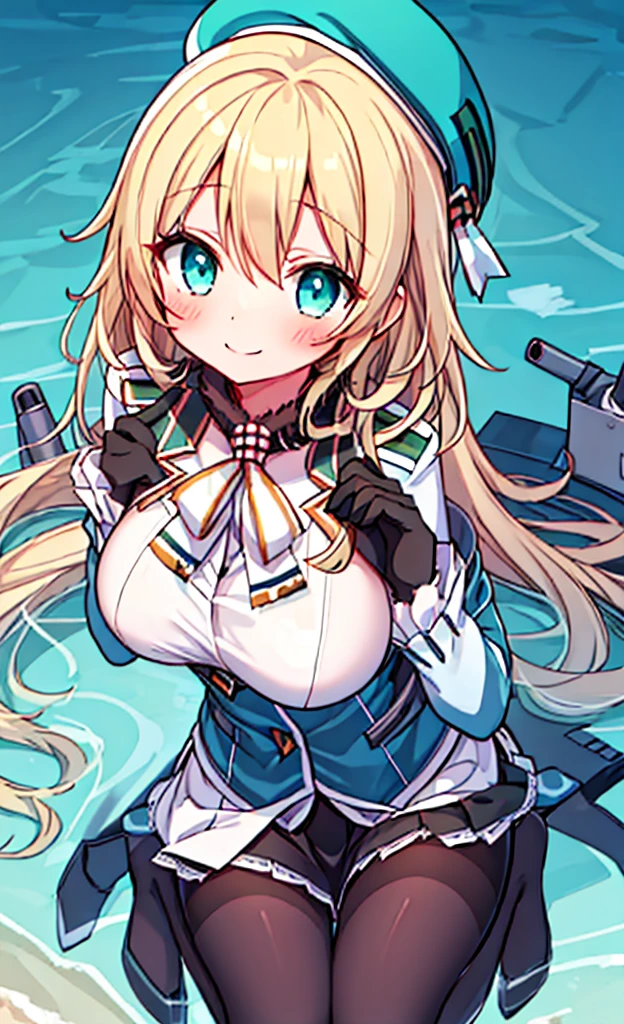 masterpiece,Highest quality,1 Girl,alone,blush with embarrassment,(boldline:1.6),(flat1:1.5), Atago, (Kantai Collection),(PORTRAIT:1.2),bionde_HAIR,LONG_HAIR,LARGE_BREASTS,HAT,SMILE,BERET,GREEN_eyes,blue_eyes,BLACK_GLOVES,BLACK INNER SKIRT,uniform,PANTYHOSE,