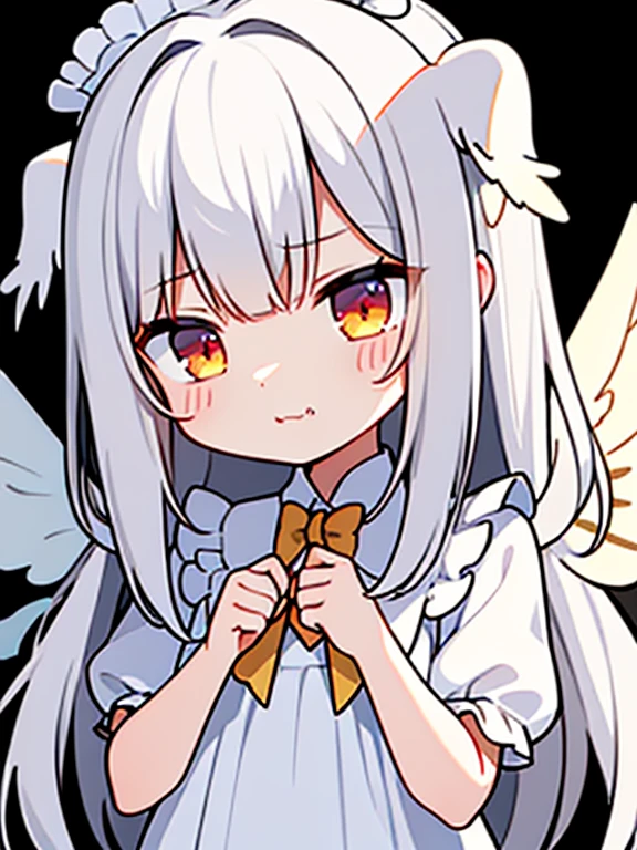 ((highest quality)),(ultra high resolution),(Super detailed),(detailed description),((best CG)),(best work of art),super precision art,amazing drawing art,(Art with precise details:1.5), (cute girl angel:1.5),(cute and adorable face:1.6),(Cute wings:1.6),(smug face:1.,8),full of confidence々:1.2,white hair, yellow red eyes, gowing eyes, white long dress, mini wings in head