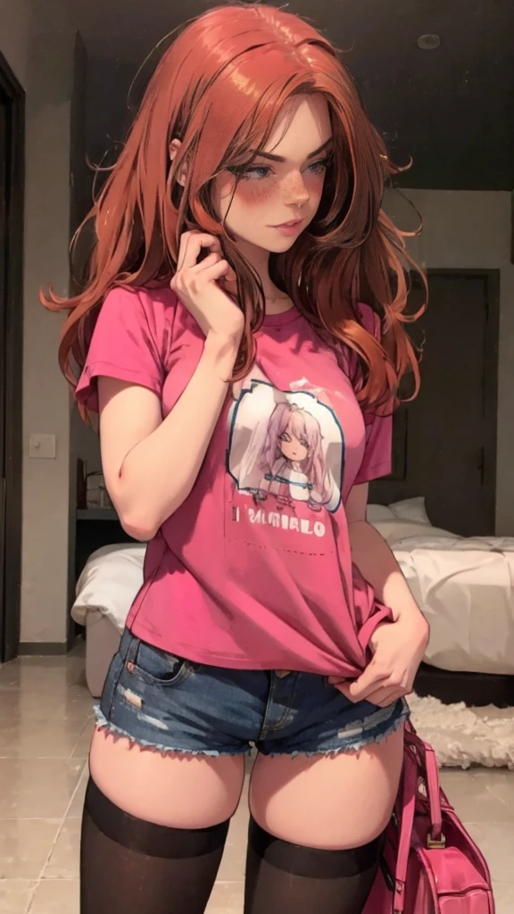 A beautiful woman, detailed eyes, messy fur, during, He is wearing a pink t-shirt with a cute design., some shorts and stockings, penthouse, front view, blush, posing, perfect hands, good anatomy