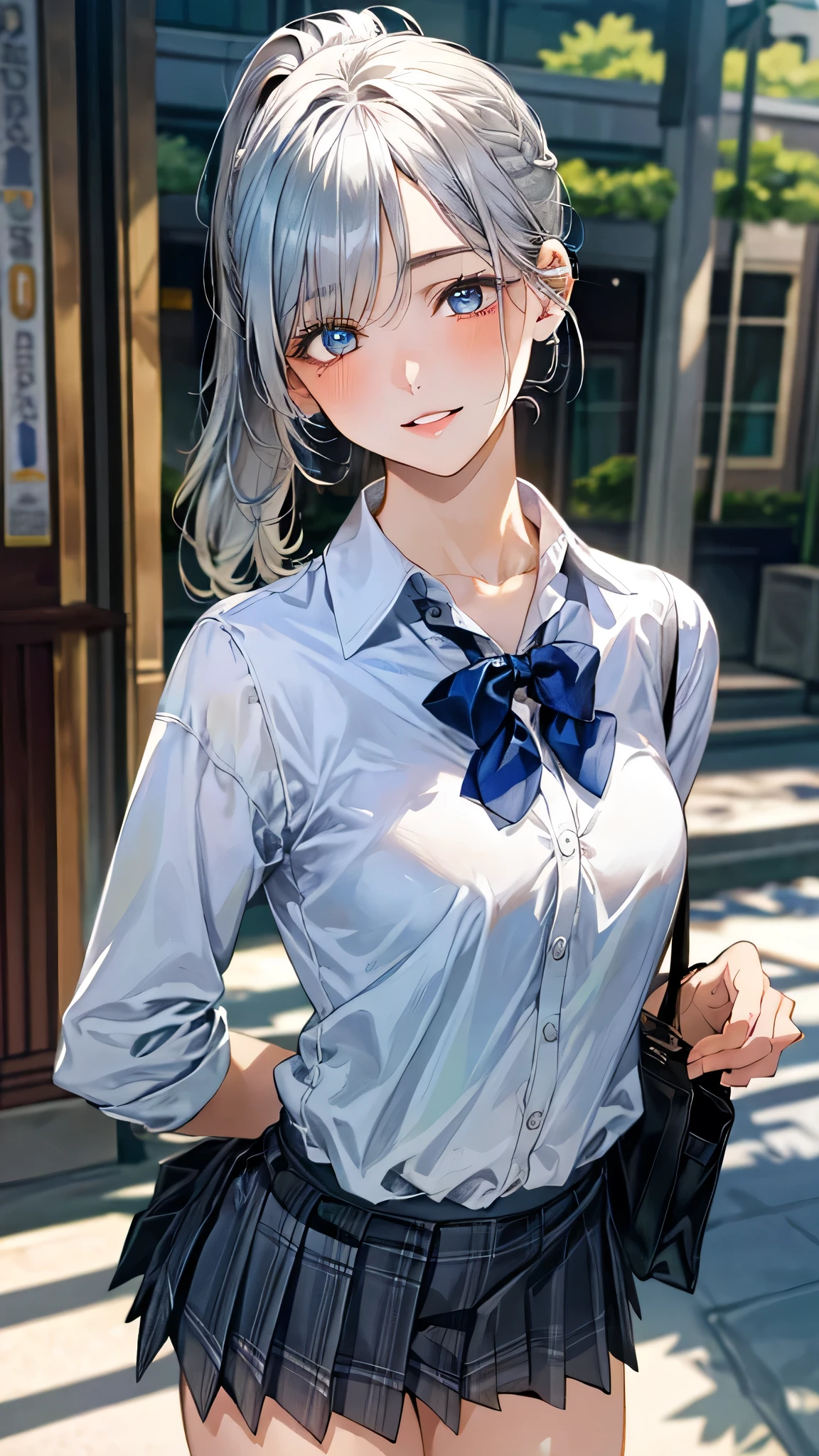 (masterpiece:1.3, top-quality, ultra high res, ultra detailed), (realistic, photorealistic:1.4), beautiful illustration, perfect lighting, natural lighting, colorful, depth of fields, ,
beautiful detailed hair, beautiful detailed face, beautiful detailed eyes, beautiful clavicle, beautiful body, beautiful chest, beautiful thigh, beautiful legs, beautiful fingers, shiny skin,
looking at viewer, 1 girl, high school girl, (perfect anatomy, anatomically correct, super detailed skin), cute and symmetrical face, face, perfect face, perfect eyes, ,
(middle hair, ponytail, sideburns, silver hair), crossed bangs, blue eyes, slant eyes, big eyes, long eye lasher, (medium breasts, seductive thighs), slender, skin dendation,
detailed cloth texture, light blue collared shirt, blue bow tie, grey plaid pleated skirt:1.2, black hair chouchou,
(beautiful scenery), summer, evening, (school hallway), standing, head tilt, hands between legs, (lovely smile, upper eyes, parted lips),