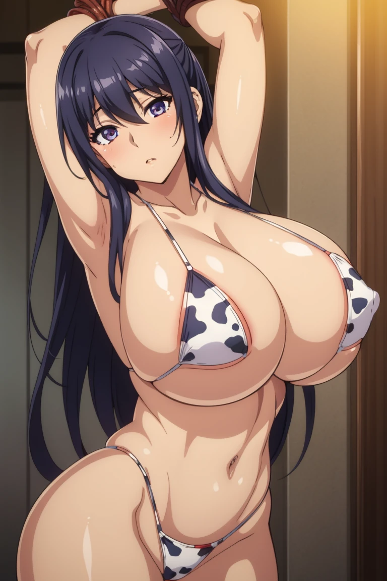 best quality, high resolution, best quality, high resolution, (huge breasts:1.2), 1girl, onsode jailcell, cow print micro bikini, surrounded by men, groping her breasts, bdsm, bondage, arms up