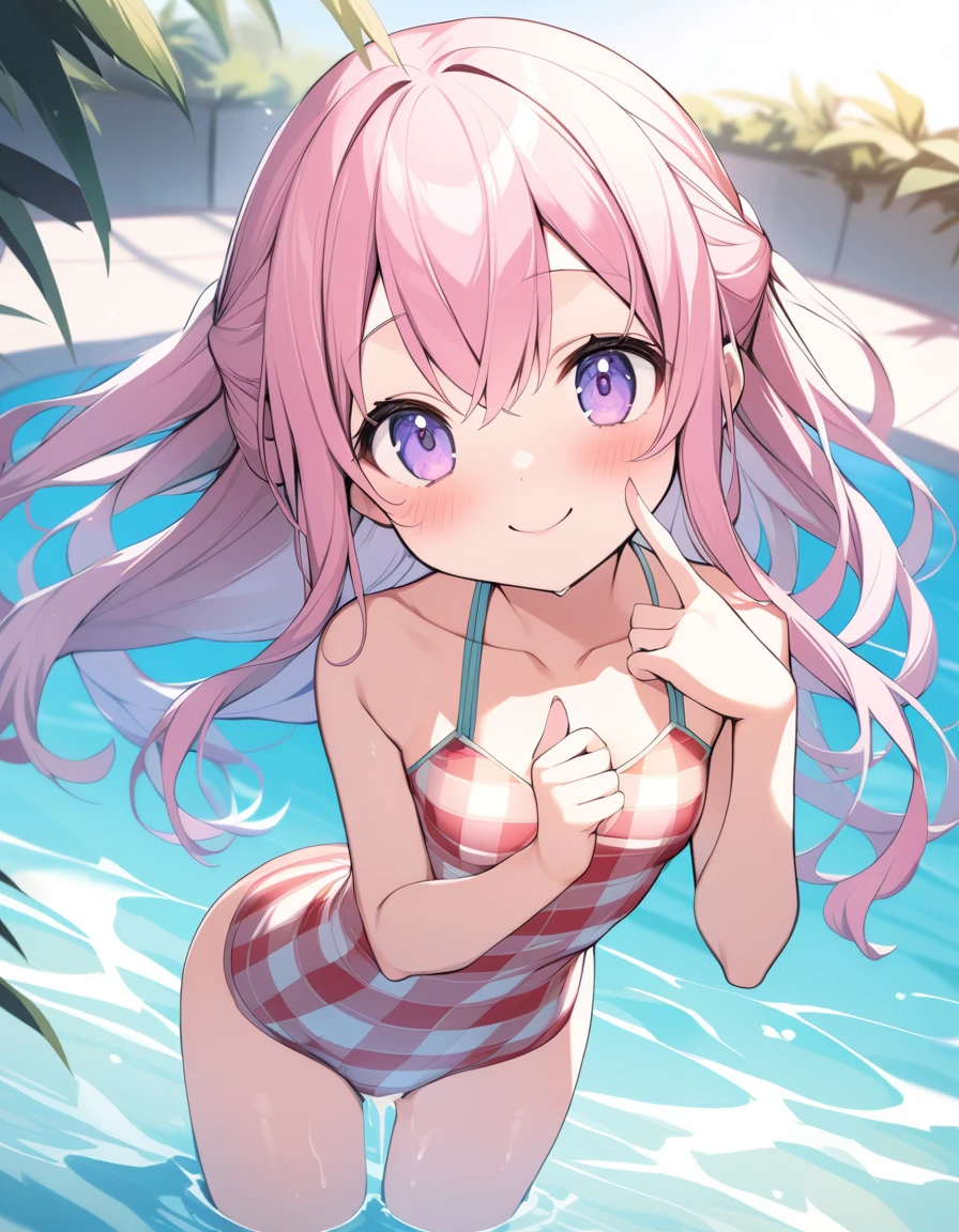 nsfw、BREAK Perfect Anatomy、Highest quality、(cute:1.1)、(cute)、(High resolution:1.2)、Unbelievably absurd:1.3、Incredible illustrations、(cuteイラスト:1.2)、(Beautiful background、Pool)(1 girl) 、solo)、(10th Generation、JK、 face、Small breasts:1.2)、slender、、、、Eye highlights、Pink hair, Long Hair,Floating Hair、 Cute Hips, 、Plaid swimsuit、), finger to mouth、cum in pussy、(tooth:0.6)、Cheeky girl、Eye highlights、smile、Floating on the water。