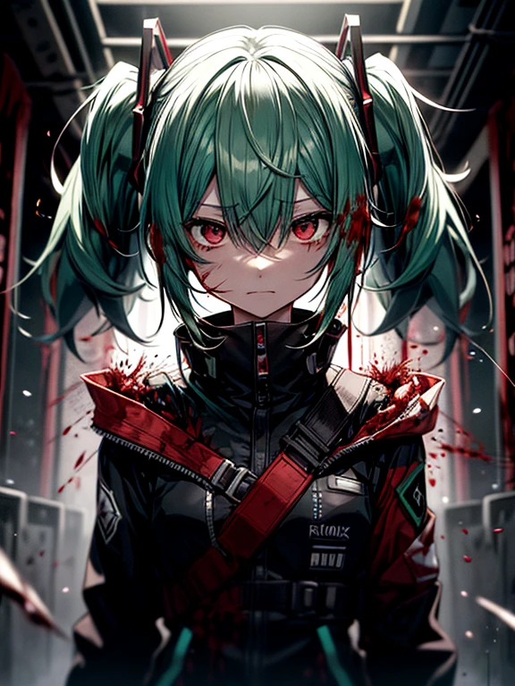 Green hair、miku hatsune、dead body、Blood everywhere、blood splashing、dark hue、Red hue、