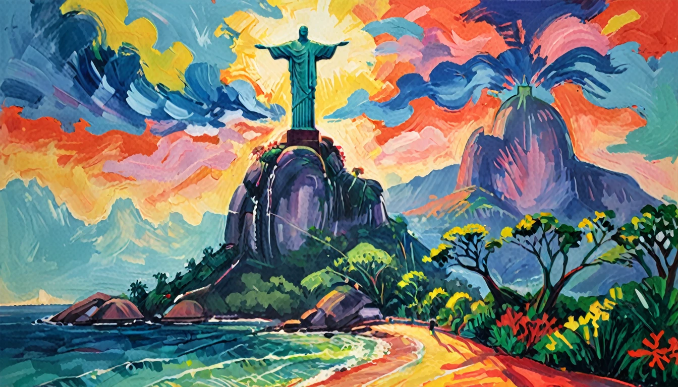 Fauvist landscape painting: Vibrant and colorful landscape ,Brazil,Rio de Janeiro,Christ the Redeemer ,Ocean,With bold brushstrokes and unnatural colors,vibrating color, Inspired by Henri Matisse.