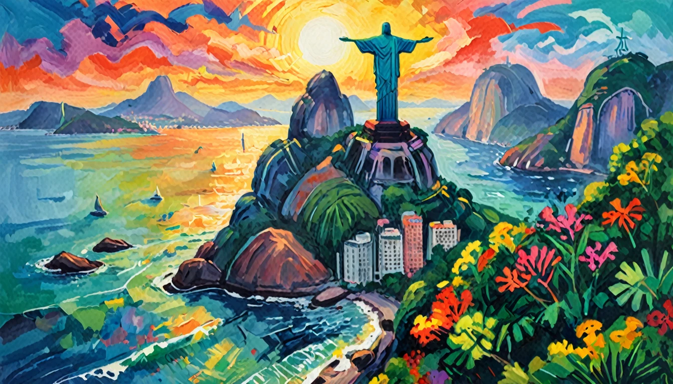 Fauvist landscape painting: Vibrant and colorful landscape ,Brazil,Rio de Janeiro,Christ the Redeemer ,Ocean,With bold brushstrokes and unnatural colors,vibrating color, Inspired by Henri Matisse.
