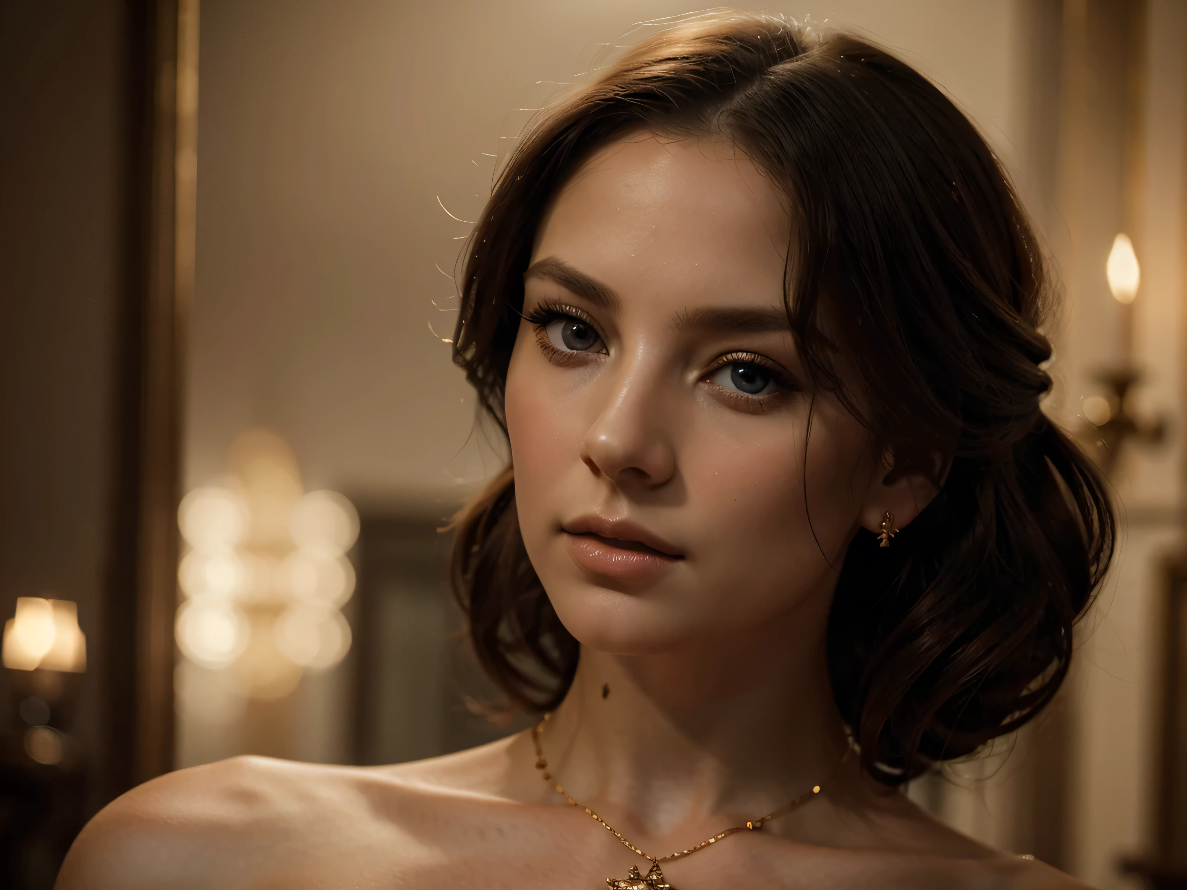 A chiaroscuro portrait of a woman, beautiful detailed eyes, beautiful detailed lips, extremely detailed eyes and face, long eyelashes, porcelain skin, elegant hairstyle, intricate jewelry, dramatic lighting, Renaissance style, dramatic shadows, warm golden tones, dramatic chiaroscuro lighting, ultra-detailed, 8k, photorealistic, masterpiece, cinematic, dramatic atmosphere, elegant and regal