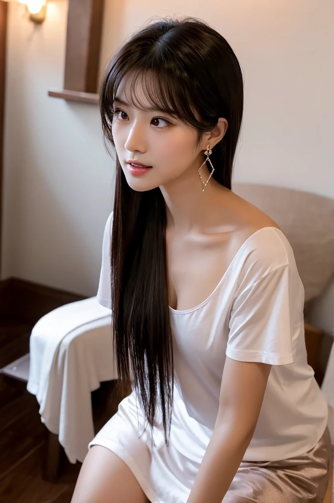 ((white t-shirt)), ((black cotton pants)), massage parlor, ((full body)), ((photo)), ((best qualtiy, 8K, tmasterpiece:1.3)), Focus:1.2, perfect figure beautiful girl:1.4, 1girl, cowboy shot, look at viewer, incredibly absurd, beautiful and cute girl with a photorealistic face, showcasing top-quality craftsmanship, Japanese woman working at a massage parlor, 20 years old, straight black hair down to the jaw line, silky and straight hair, fair and clear skin, small face, straight nose, large round brown eyes, long eyelashes, plump cherry-colored lips, well-defined eyebrows, clean-cut face, long neck, beautiful décolleté line, , delicate, slender, beautiful C-cup breasts, silver necklace, small earrings, pretty older woman, beautiful, neat, soothing, devilish type, calm demeanor, soft-spoken, curious, likes alcohol, likes to try new things, mature, June
