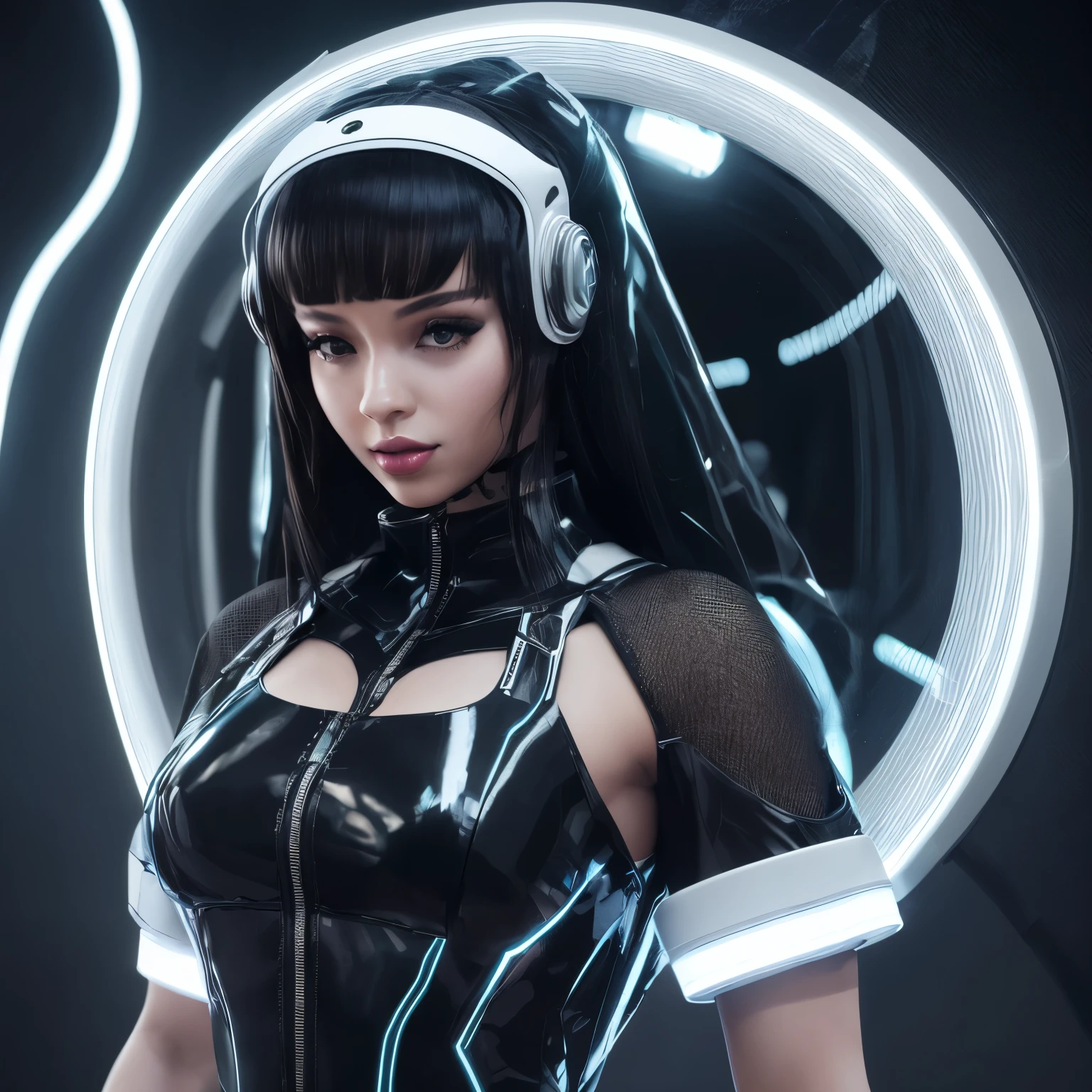 a model wearing techno headgear. afroFuturistic 3d hi-tech design. Nigerian, West African influnce. retro air hostess influence. Mesh veil over eyes. android cybergirl bladerunner 2077, led lights glowing, Black and white undiscovered shiny material. Asymmetrical shape, placed to the side of the model's head