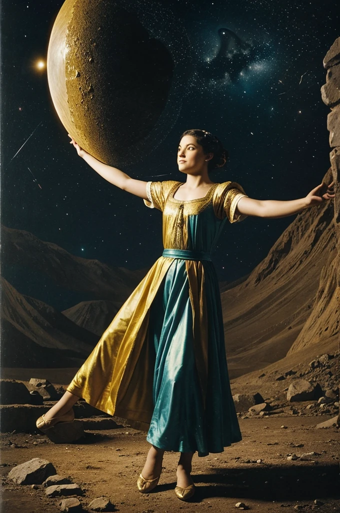Show me a person playing comet dance, showing the antiquity, but in it color, and call it “the dance of the comets”
