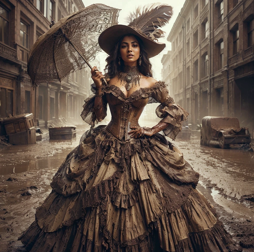 Portray a stunning (((Indian woman))) with a rich brown complexion in an exquisite, ((mud-drenched)) steampunk gown with layered textures and a corset, drawing from historical fiction. She wears a magnificent brown hat with a feather, leather brown boots, and a fashionable parasol. Ensure the mud on the dress is clear and visibly dripping. Set against a gritty, (((dirty))) steampunk city background. Ensure the overall look is grand, bold, and breathtakingly beautiful