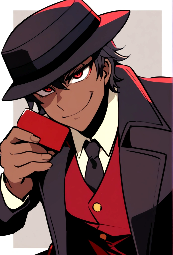 anime dark skin gambler with red eyes holding a card in his left hand. He wears phantom theif style clothing such as fancy trenchcoat, black fedora, beige shirt with black tie underneath an red vest, smug expression, smirking (((brown:1.3, red:1.3,black:1.2, white:1.2)))