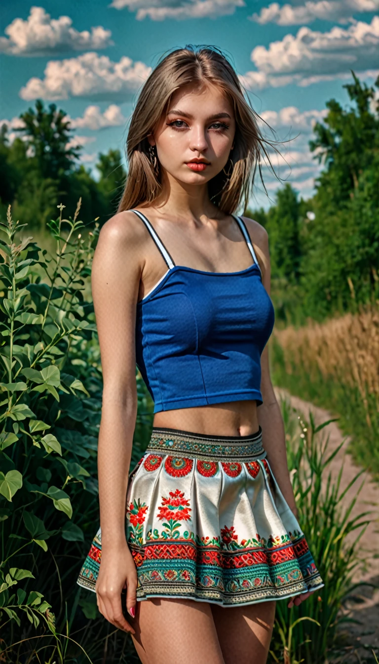 Canon 5d photography beautiful russian girl croptop half clothed mini skirt 18 years old outdoor photo realism sensual glamour, hyperrealist