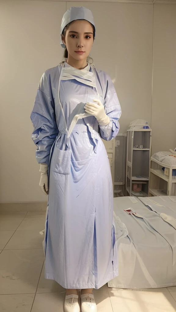 ((masterpiece, best quality, high quality)),1girl, (hospital), infirmary, (surgical_uniform, long sleeves, long dress, latex gloves,surgical cap),