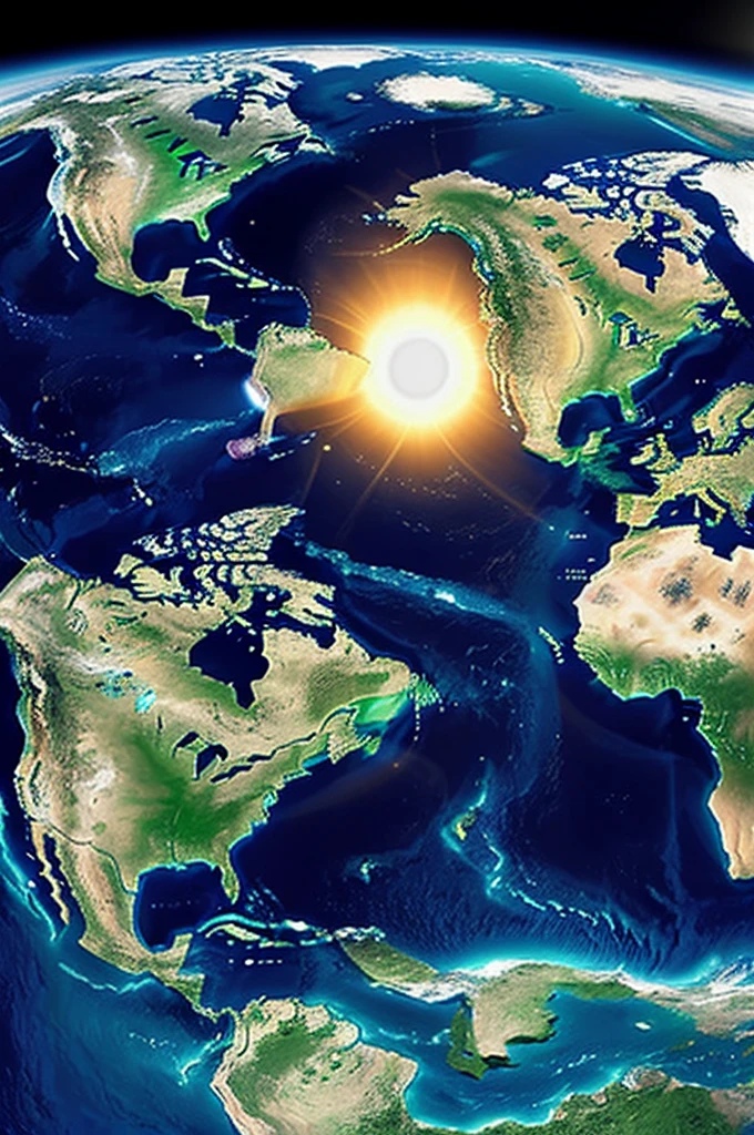 Create an image of a world map in which each continent reflects what stands out and is connected by several satellites 