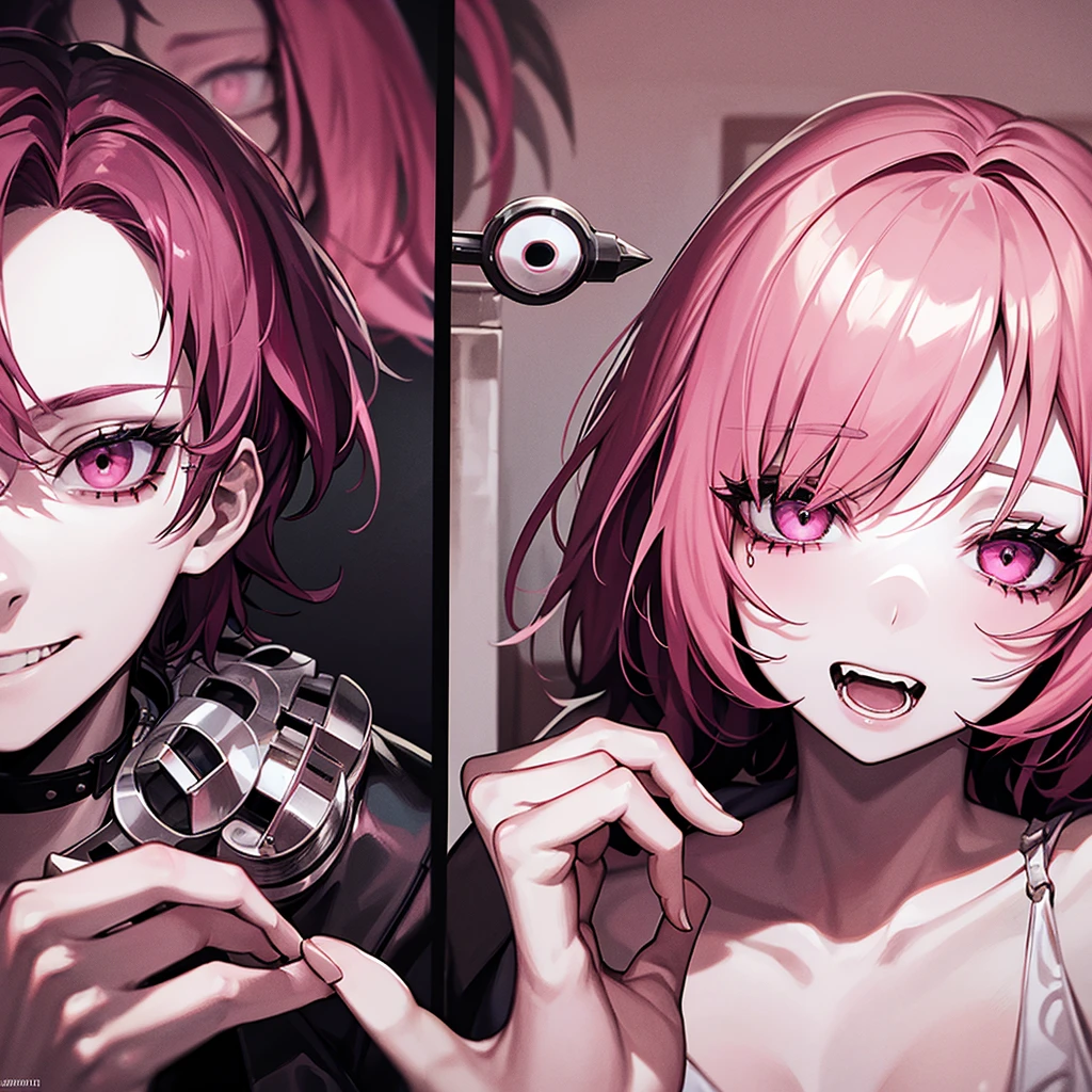 close-up on the psychopathic face and bust, short pink hair, pale skin, schizophrenic eyes, sadistic and crazy laugh, anxiety, drugs, medication pills, image with strong shades of pink