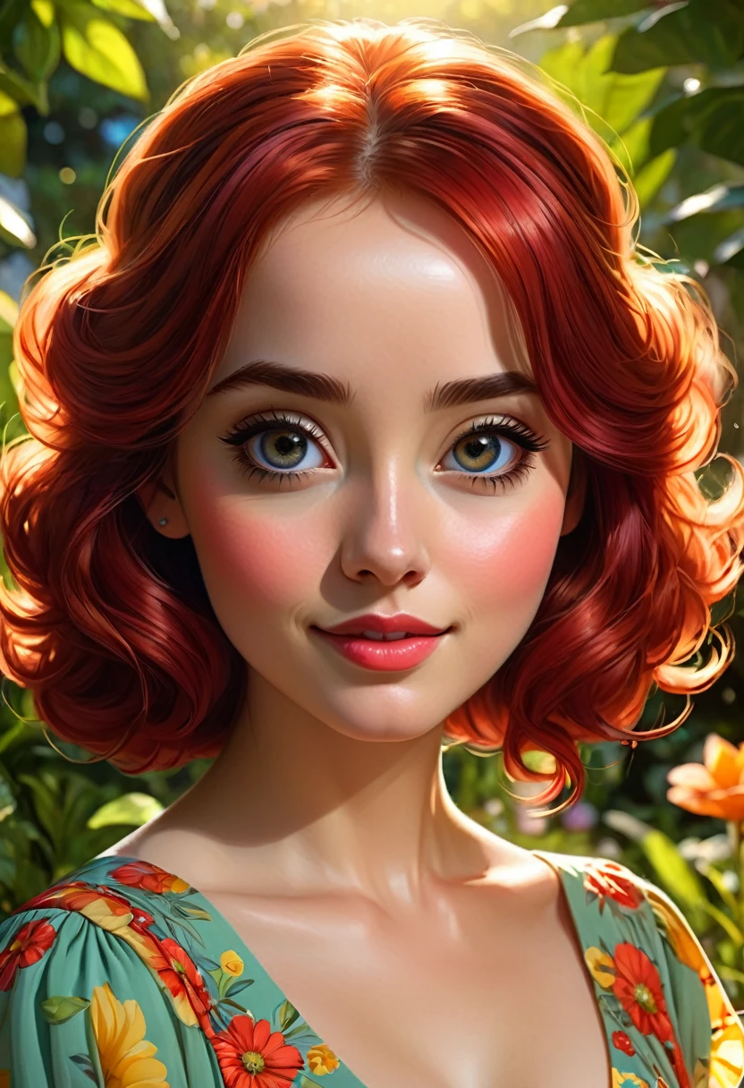 Adorable, Woman,big-eyed woman, round face. promenent lips. Smileing,In the garden,Her hands are behind her...., , large ass, wearing a cute sun dress. Picture from the side,looking at the scenes, intense colors, Very valuable details, complex details, volumetric lighting, digital art, 8k, trending on Artstation, Clear focus, complex details, highly detail, Greg Rutkowski Big Eyes, high-resolution, fiery red hair. Anna Popplewell