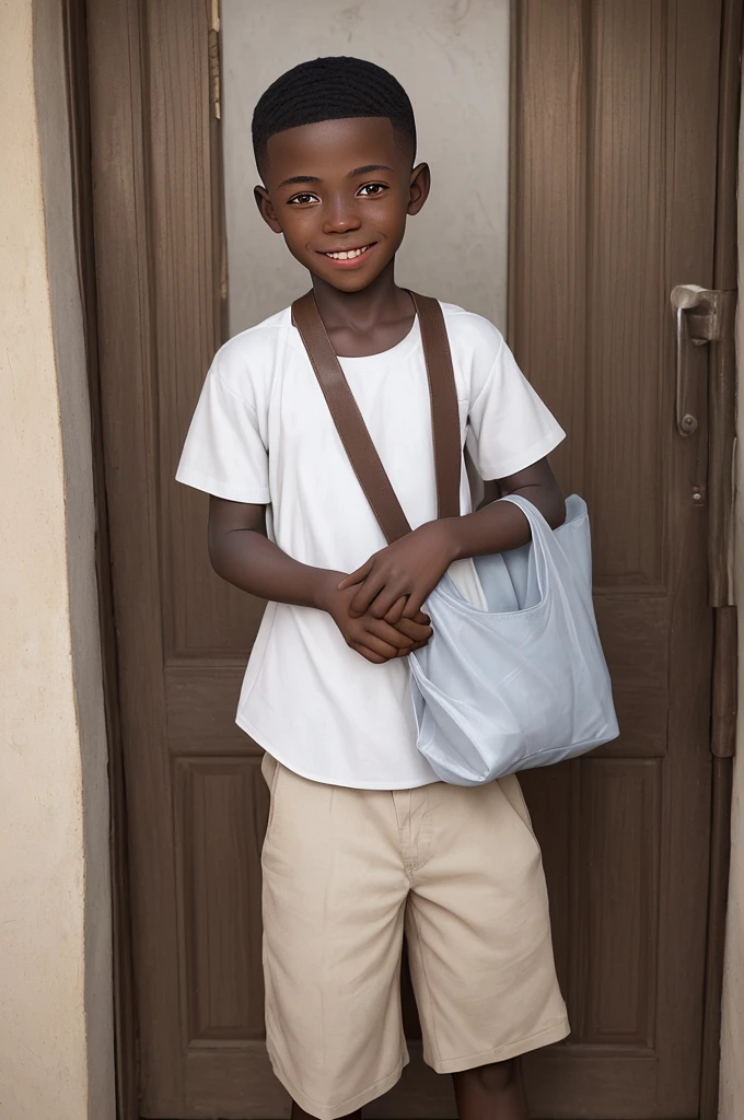 Create a highly detailed ultra realistic portrait image of a young cute African boy of around , wearing white shirt and having a low shaved haircut It's."He takes the bag and places it in front of the neighbor's door with a smile."