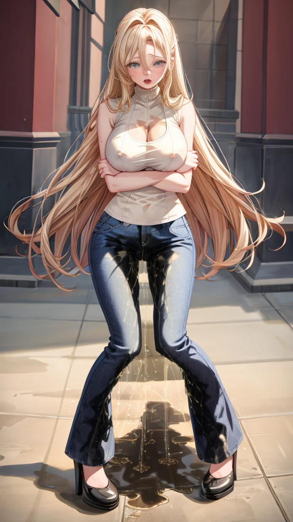best quality, highres, 8k, masterpiece, immersive atmosphere, chiaroscuro:(1.5, bright light:1.2, luminous lighting), blurring, (background blur:1.5),
(dynamic angle, standing:1.2), outdoors, downtown, (legs focus, full body:1.5), delicate features, (beautiful face, beautiful eyes, beautiful legs), not safe for work, (opaque:1.5), high contrast, (peeing self:1.9), wetting herself, (pee stain:1.7), peeing herself, (urination:1.7),
1girl, (solo), 20 years old, white skin, blue eyes, blonde hair, straight hair, very long hair, forehead, bright lips, blush, scared, panicking, open mouth, looking at viewer, (slender figure:1.1), (white croptop:1.2), sleeveless, cleavage, large breast, (hard nipples), navel, (hands between legs:1.4), (blue jeans:1.4, flares pants:1.2), (black heels:1.2), (knees together feet apart:1.4)