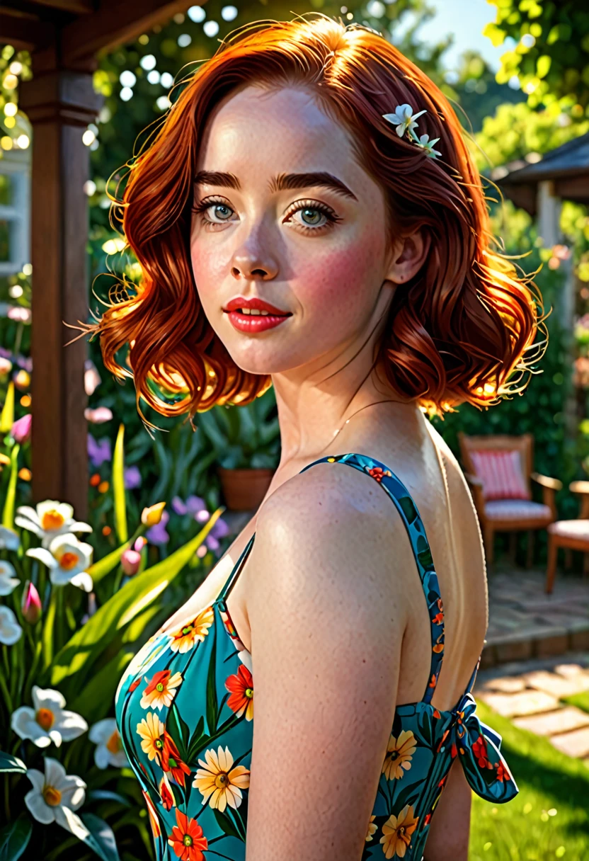 Adorable, Woman,big-eyed woman, round face. promenent lips. Smileing,In the garden,Her hands are behind her...., , large ass, wearing a cute sun dress. Picture from the side,looking at the scenes, intense colors, Very valuable details, complex details, volumetric lighting, digital art, 8k, trending on Artstation, Clear focus, complex details, highly detail, Greg Rutkowski Big Eyes, high-resolution, fiery red hair. Anna Popplewell
