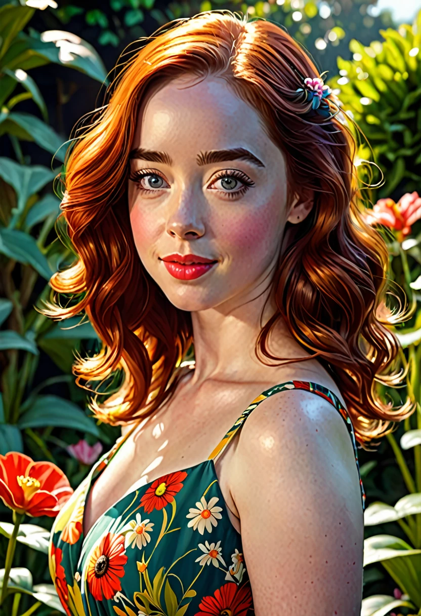 Adorable, Woman,big-eyed woman, round face. promenent lips. Smileing,In the garden,Her hands are behind her...., , large ass, wearing a cute sun dress. Picture from the side,looking at the scenes, intense colors, Very valuable details, complex details, volumetric lighting, digital art, 8k, trending on Artstation, Clear focus, complex details, highly detail, Greg Rutkowski Big Eyes, high-resolution, fiery red hair. Anna Popplewell

