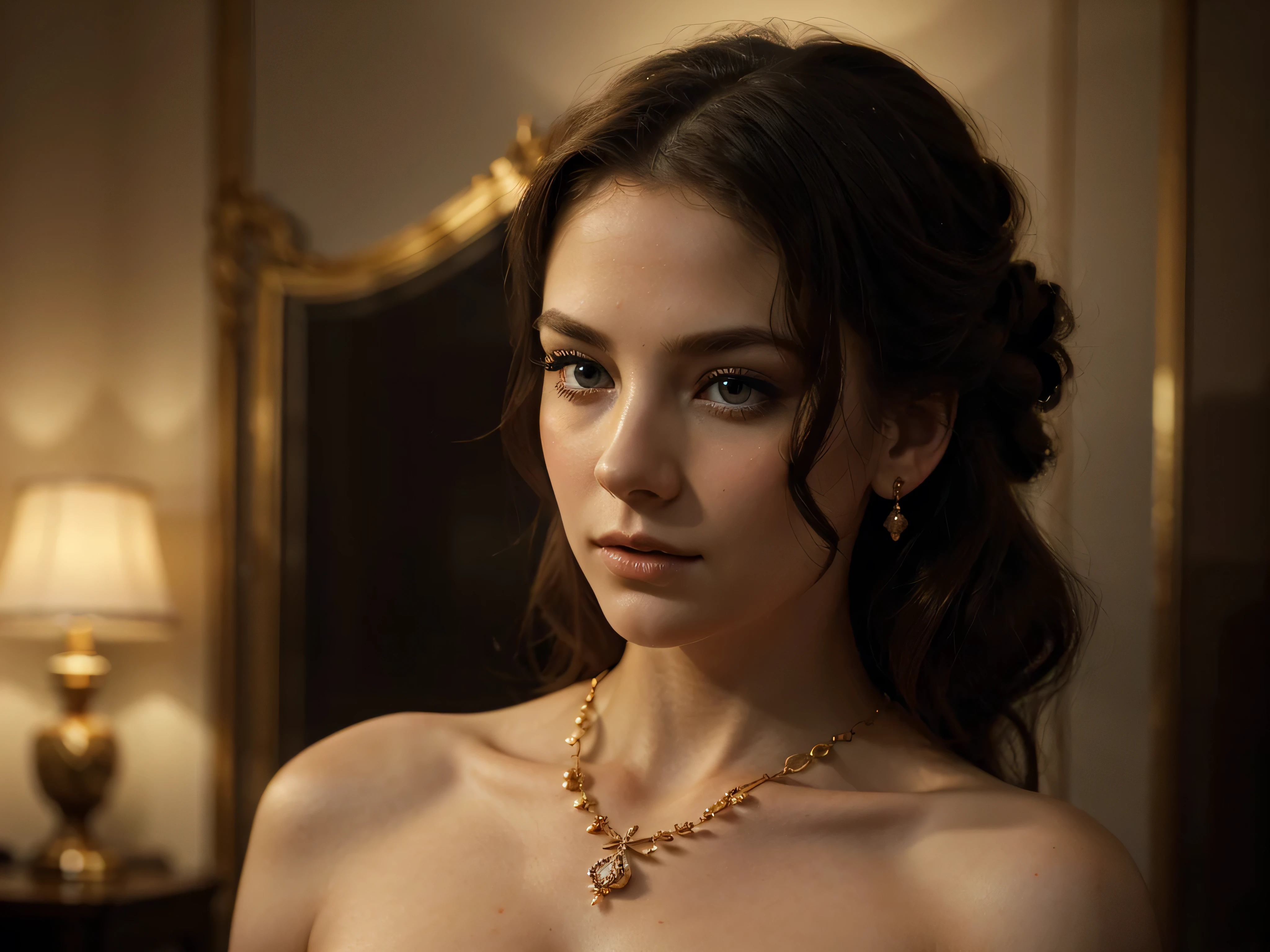 A chiaroscuro portrait of a woman, beautiful detailed eyes, beautiful detailed lips, extremely detailed eyes and face, long eyelashes, porcelain skin, elegant hairstyle, intricate jewelry, dramatic lighting, Renaissance style, dramatic shadows, warm golden tones, dramatic chiaroscuro lighting, ultra-detailed, 8k, photorealistic, masterpiece, cinematic, dramatic atmosphere, elegant and regal