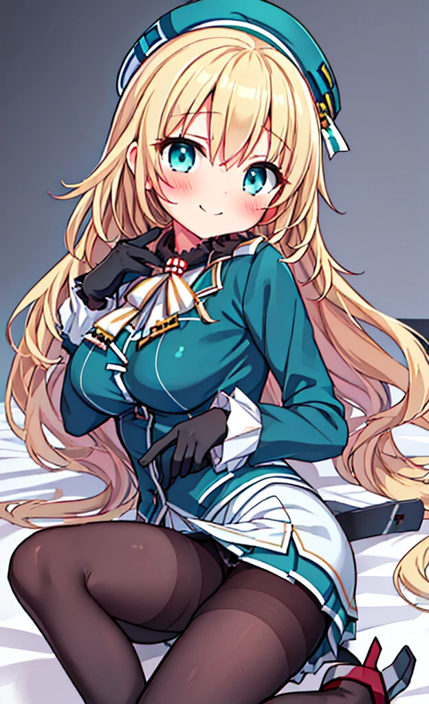 masterpiece,Highest quality,1 Girl,alone,blush with embarrassment,(boldline:1.6),(flat1:1.5), Atago, (Kantai Collection),(PORTRAIT:1.2),bionde_HAIR,LONG_HAIR,LARGE_BREASTS,HAT,SMILE,BERET,GREEN_eyes,blue_eyes,BLACK_GLOVES,BLACK INNER SKIRT,uniform,PANTYHOSE, nsfw