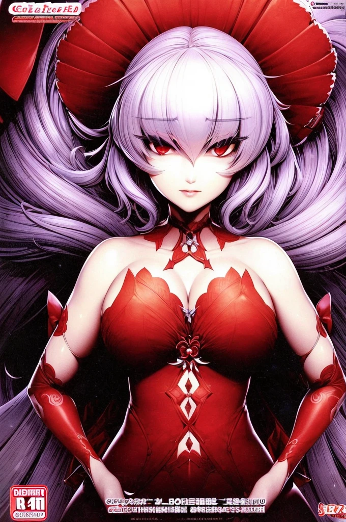 remilia scarlet in cover magazine. magazine cover (LO comic)/ glossy. Beautiful. Professional character design. Masterpiece. Expensive. Beautiful cover. Finest detailing. Fine work. Meticulous. Harmonious. High quality. Fingers are detailed in high-quality detail. Beautiful face and eyes. Beautiful pose for a magazine cover. Japanese inscription at the top left Scarlet