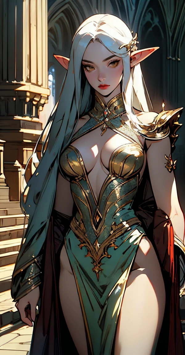 { - anatomy error}(Masterpiece - Ultra-detailed, very high resolution) Prepare to be enchanted by a true masterpiece that combines ultra-detailed art with high-resolution rendering. . meman. This work depicts a mesmerizing adult elf with long white hair (1.3) and captivating yellow eyes (1.2), emanating an aura of elegance and mystery in medieval settings. The intricate details and realistic textures invite you to explore every aspect of this enchanting composition. Woman wearing elf costumes. Red lips. No cleavage. small breasts. NO CLEavage. Walking, pés no chão, corpo inteiro, pés amostra. Get ready to dive into a world where beauty and craftsmanship merge perfectly