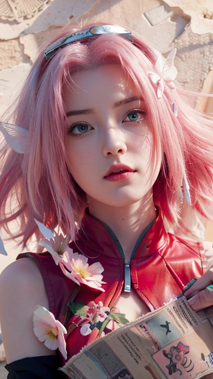 young woman pale skin, long bubblegum pink hair, pink eyebrows, big jade green eyes, buttoned nose, peach lips, small breasts, wide forehead, flower and butterfly kimono, Sakura Haruno, realistic, 3d